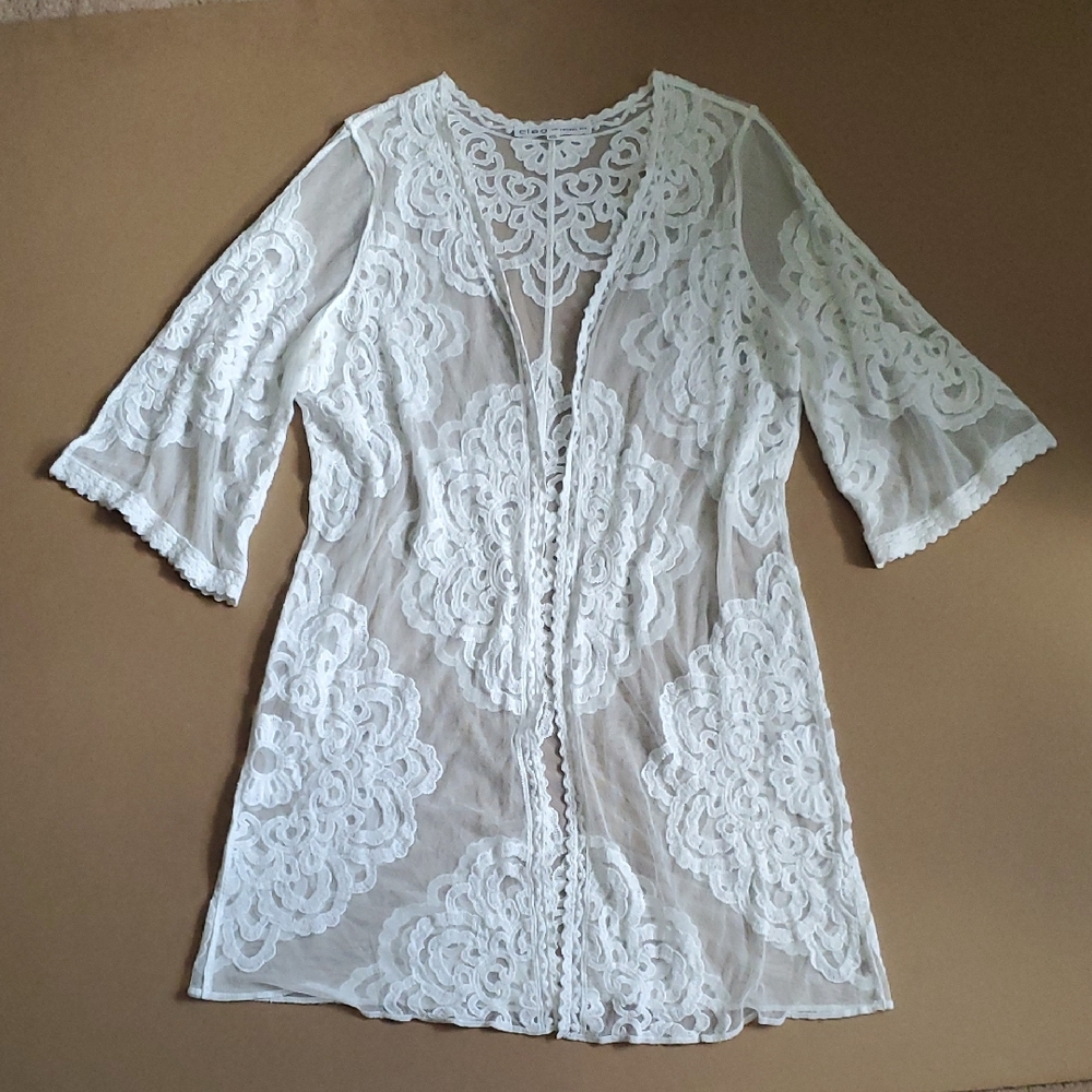 White Lace Mandala Pattern Kimono Cover Up Cardigan - - Size L/XL